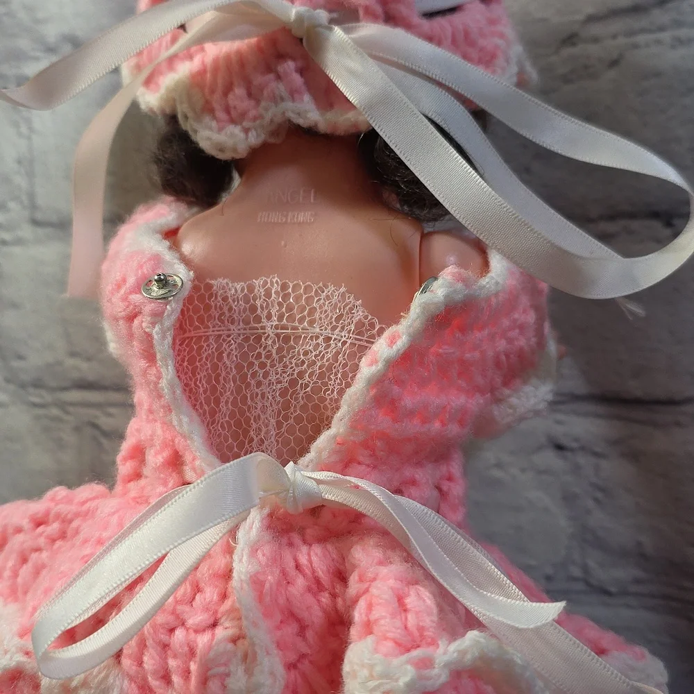 Vintage Angel Doll Brunette Crochet Dress and Accessories Pink White 14